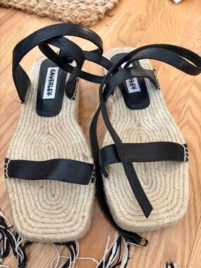 Black Strappy Espadrille Sandals with Rope Footbed